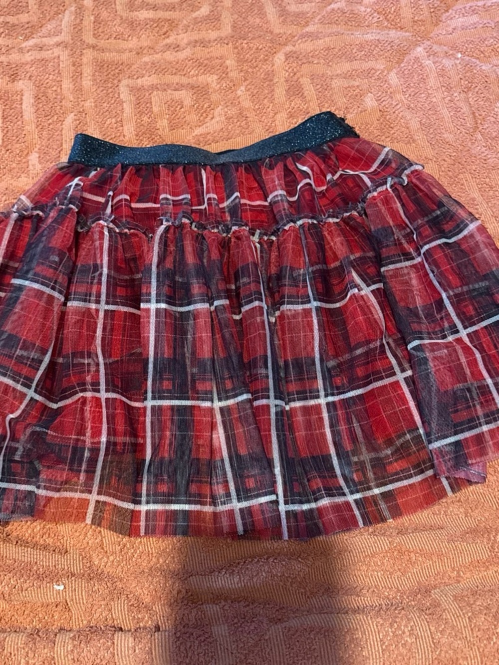Girls Red Plaid Layered Tulle Skirt with Sparkle Elastic Waist